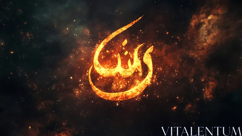 Arabic calligraphic glyph rendered in fiery digital field.