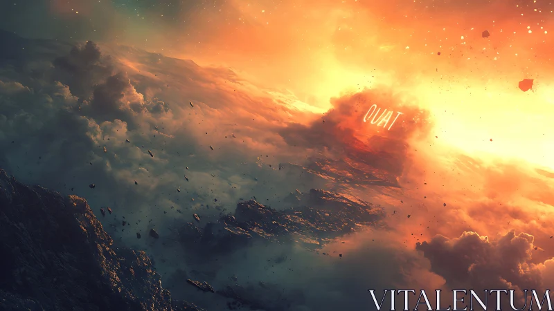 Celestial cloudscape torn by blazing planetary impact.