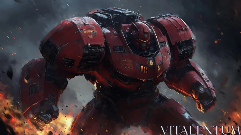 Armored red mech strides through battlefield fire and smoke.