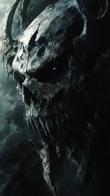 Skeletal horned entity in dark atmospheric digital artwork.