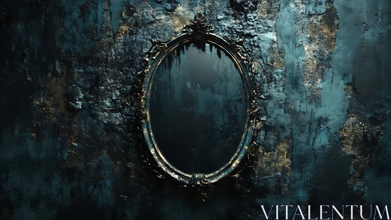 Ornate oval mirror on distressed teal and gold wall.