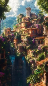 Sunlit cliffside village draped in waterfalls and flowers.