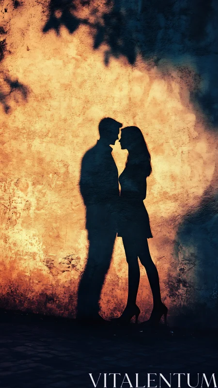 Silhouetted Romance: Contrasting Figures Against Luminous Decay.