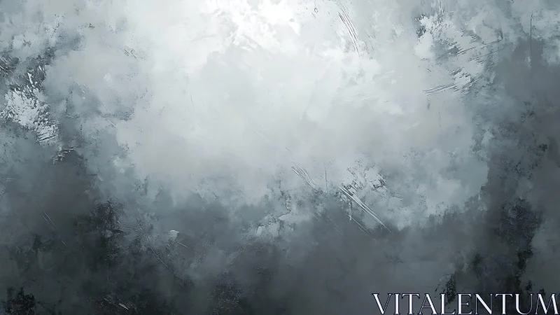 Abstract gray and white textured painting with light center.