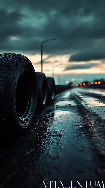 Wet highway tires line reflective asphalt at storm dusk.
