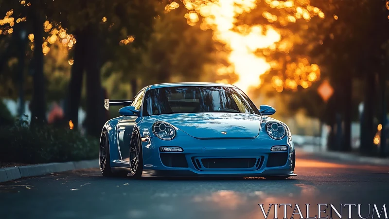 Blue sports coupe glows under golden urban sunset light.