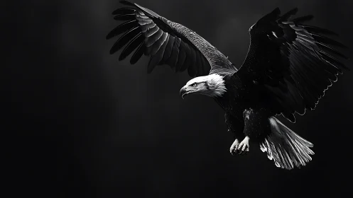 Majestic bald eagle in flight, dramatic black and white photography.
