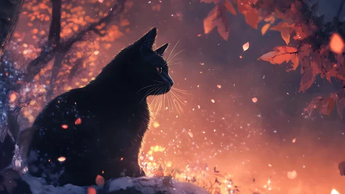 Enchanted Black Cat in a Magical Autumn Glow