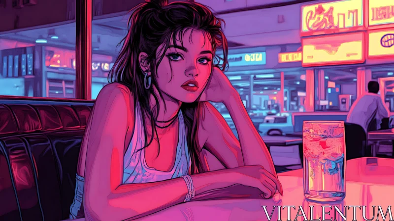 Neon-soaked diner reverie with pensive night owl muse.