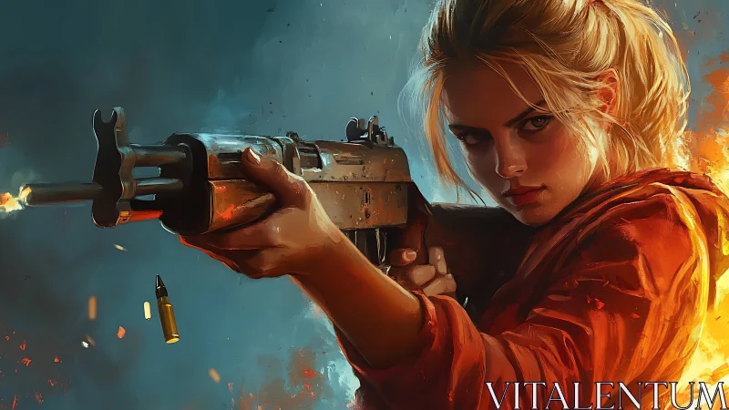 Fierce heroine aims forward in a blaze of bold color.