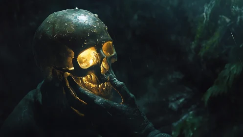 Glowing skull in rainlit forest evokes eerie contemplation.