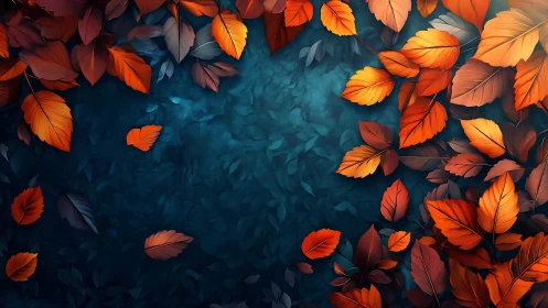 Crimson autumn leaves encircling teal foliage voidscape.