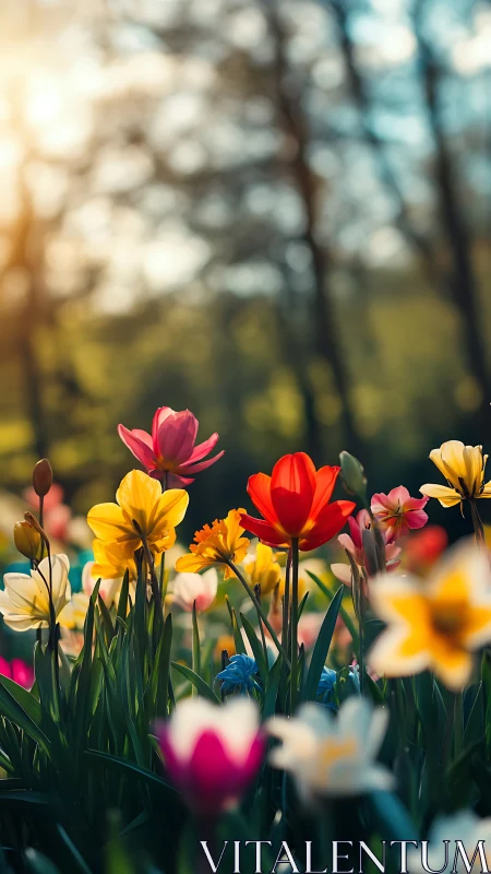 Radiant Spring Garden: Tulips Ablaze in Golden Light.