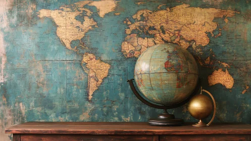 Vintage globes whisper over a timeworn teal world map.