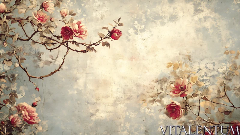 Romantic rose branches drift across a softly weathered sky