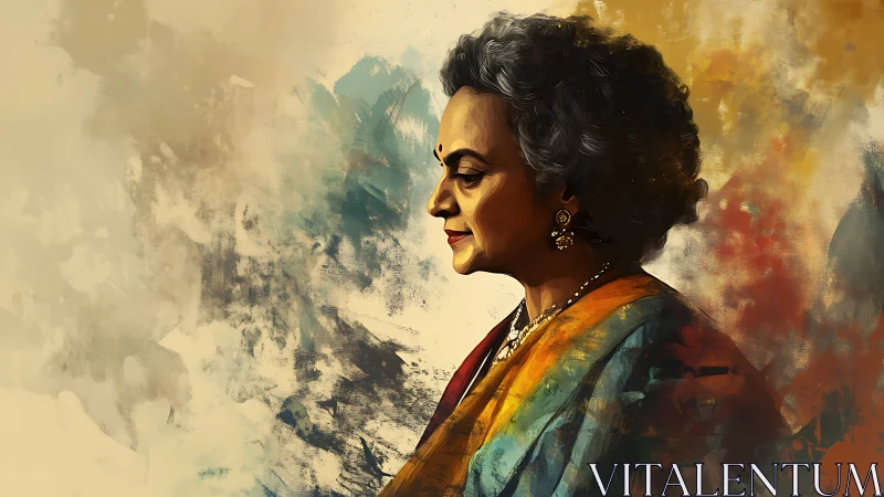 Portrait of Elderly Woman in Sari, Abstract Watercolor Style.