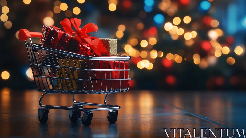 Holiday gift cart sits glowing before festive bokeh lights.