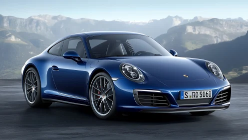 Blue two-door sports coupe is parked on a mountain overlook