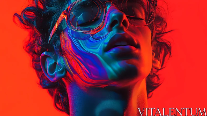 Neon-lit portrait captures euphoric calm in vivid red glow