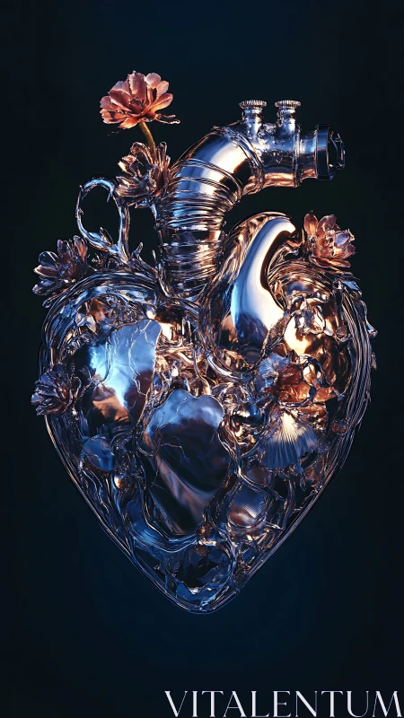 Cybernetic glass heart entwines metallic flowers in bloom.