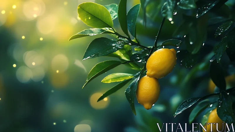 Lemon tree branch glows in dewy, golden bokeh light.