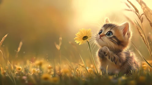 Sunlit meadow kitten whispering to a lone daisy bloom.