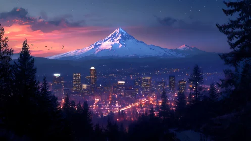 Snow-covered mountain overlooks illuminated city at twilight