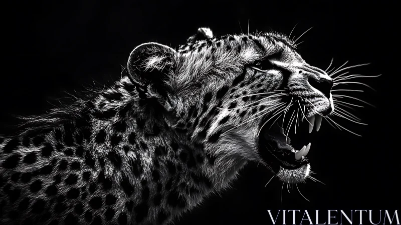 Moonlit leopard roar carved in electric monochrome shadow.