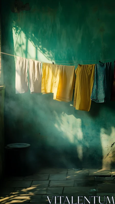 Morning sunlight on colorful laundry in a quiet courtyard.
