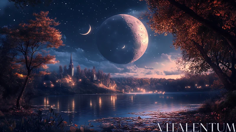 Nocturnal lakeside vista under colossal crescent moon.