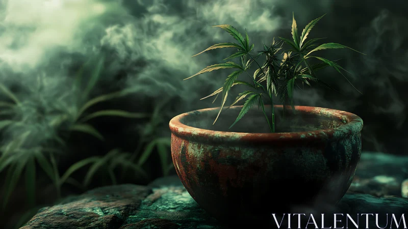 Young cannabis plant in weathered clay pot amid drifting vapor