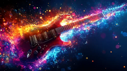 Electric guitar surfing a cosmic splash of neon light.