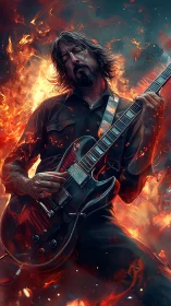 Electric guitarist in dark clothing amid stylized flames.