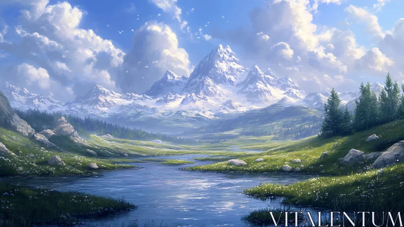 Snow crowned mountains hold a quiet river in bright trust