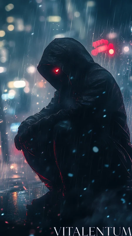 Hooded cybernetic figure waits alone in neon rain-soaked city.