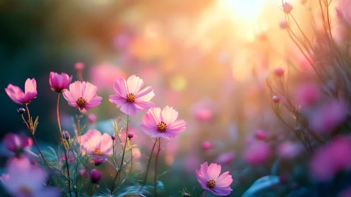 Golden hour cosmos flowers bloom in dreamy sunlit field.