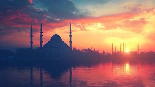 Sunset mosque silhouette with mirrored minarets over calm water