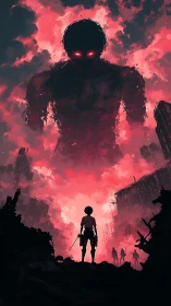 Lone warrior confronts colossal red-eyed shadow in ruins.