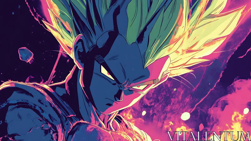 Electric anime warrior portrait in vivid neon colors.