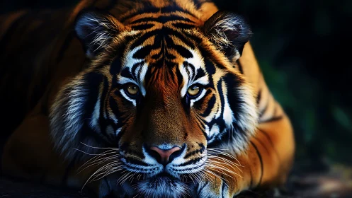 Dramatic frontal portrait captures resting tiger in low-key light