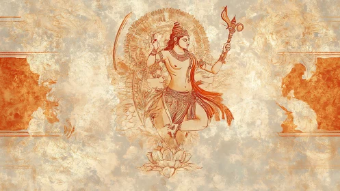 Divine Hindu dancer on lotus in ornate sepia mural.