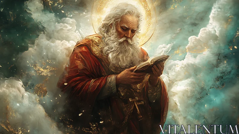 Celestial elder with halo reading illuminated scripture.