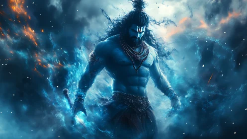Mythic blue warrior emerges through swirling cosmic storm.