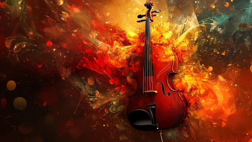 Violin surrounded by fiery abstract orange and red bursts.