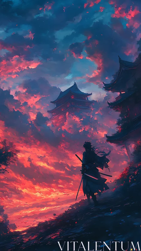 Lone samurai under burning sunset sky near pagoda towers.