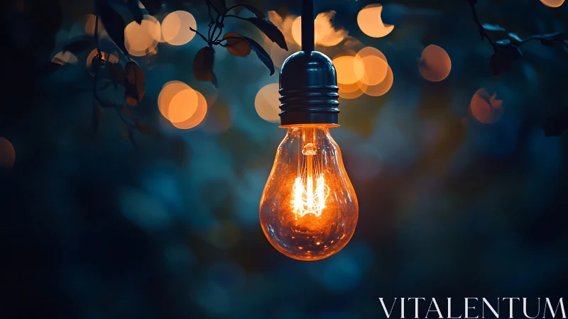 Illuminated filament bulb outdoors with blurred bokeh background.