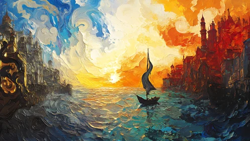 Sailboat crosses fiery and cool seas between twin cities.