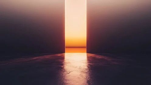 Sunset horizon framed by monumental walls and reflective floor.