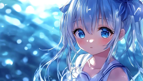 Blue-eyed anime girl glows in sunlit ocean bokeh haze.