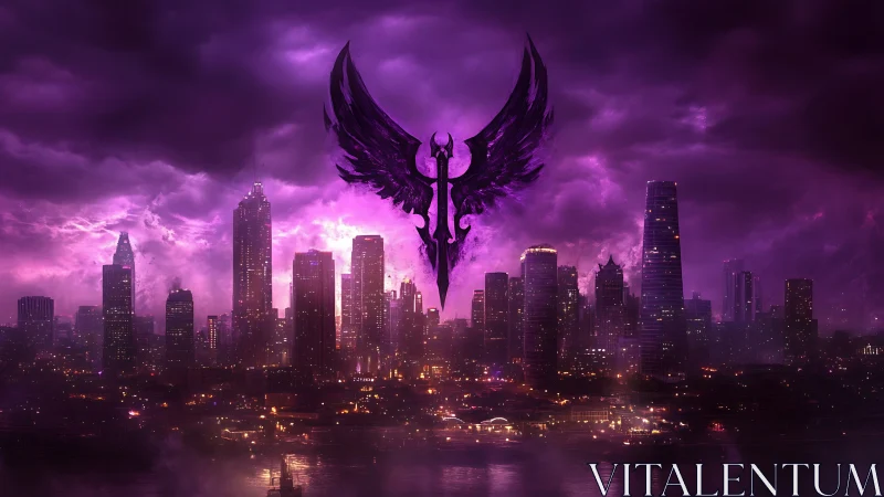 Violet winged sigil dominating storm-lit futuristic skyline.